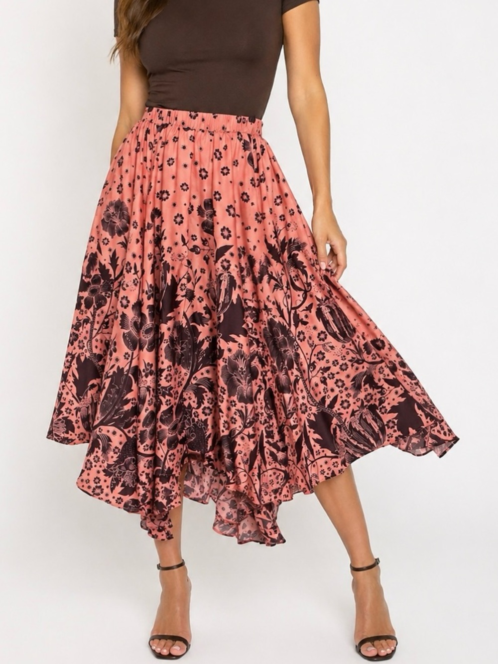 Anthropologie Florence Balducci Coral/Brown Satin Handkerchief Hem Skirt Size XL
